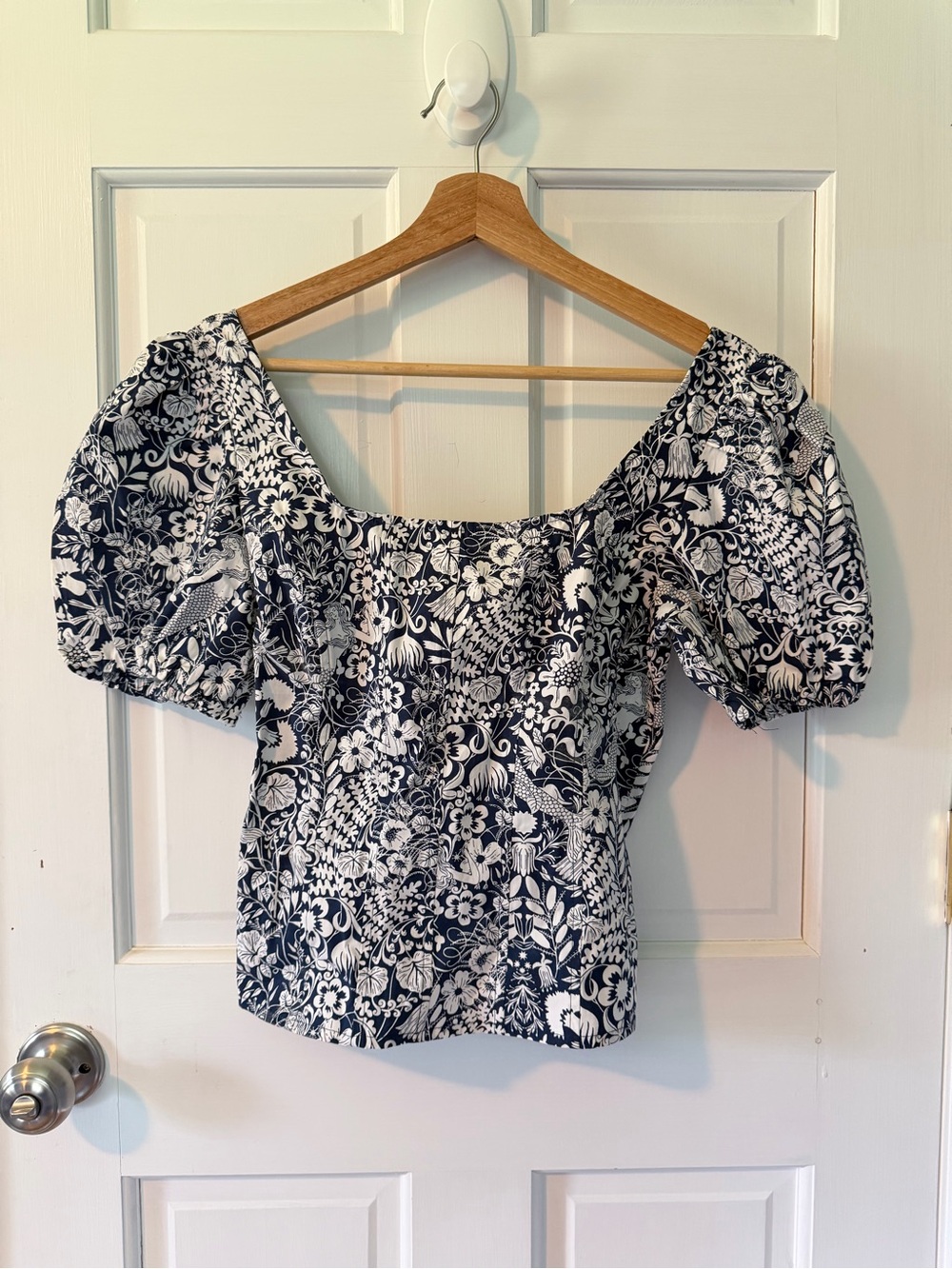 J. Crew Black & White Floral Puff-Sleeve Top